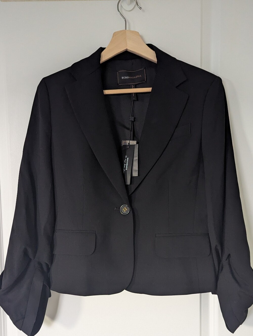 ​BCBGMAXAZRIA Black Blazer – Single Button – Ruched 3/4 Sleeves – NWT Size S